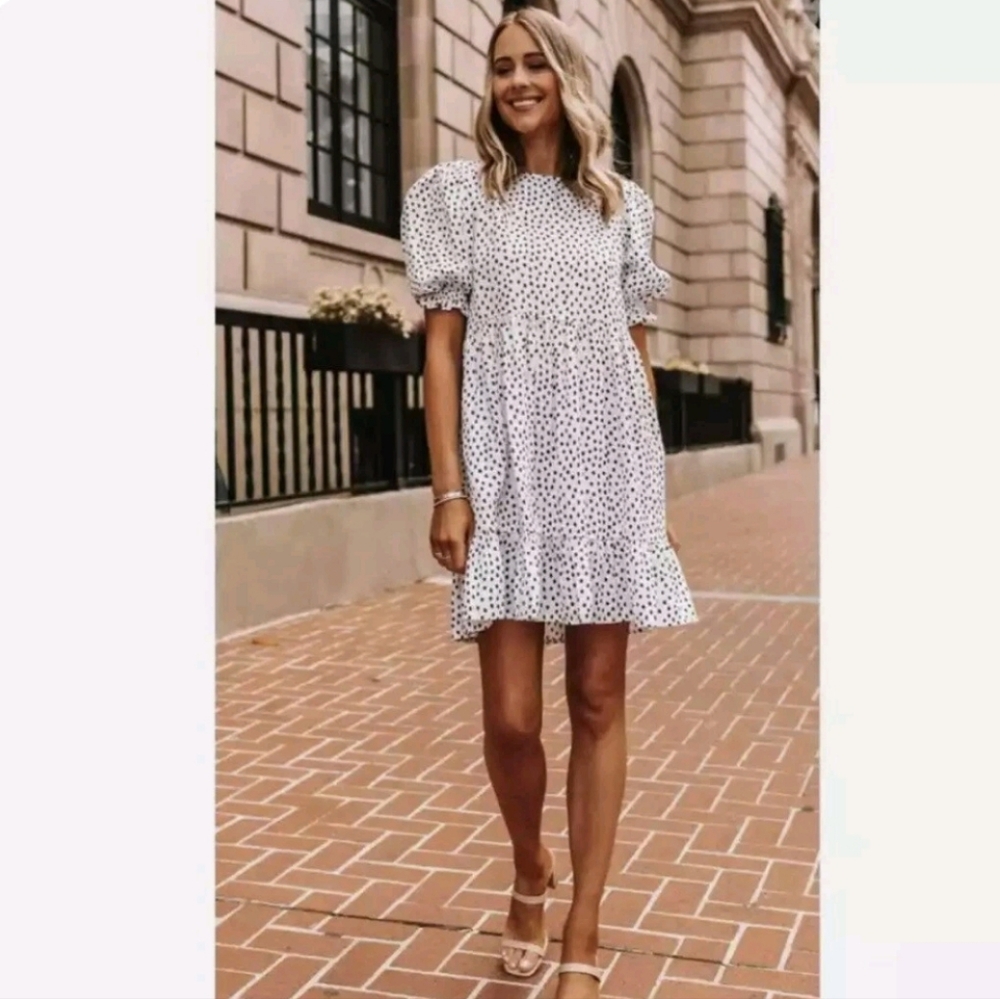 Fashion Jackson The Drop Polka Dot Mini Dress Women's S Pockets Peasant